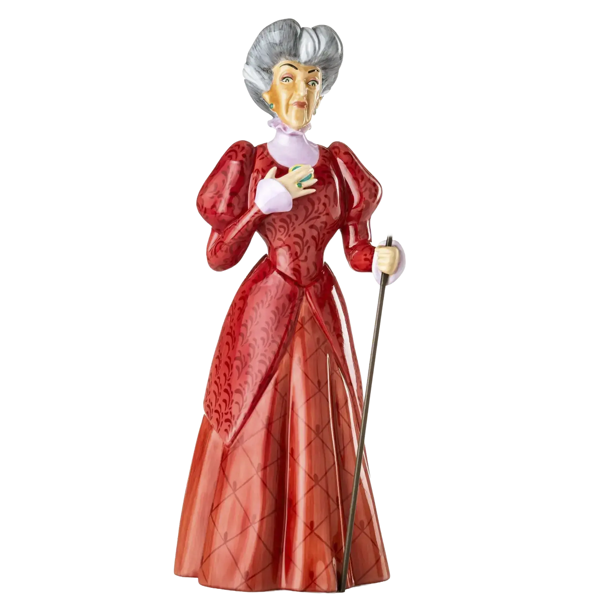 Lady figurine in fine bone china, red gown with gray hair, holding a cane.