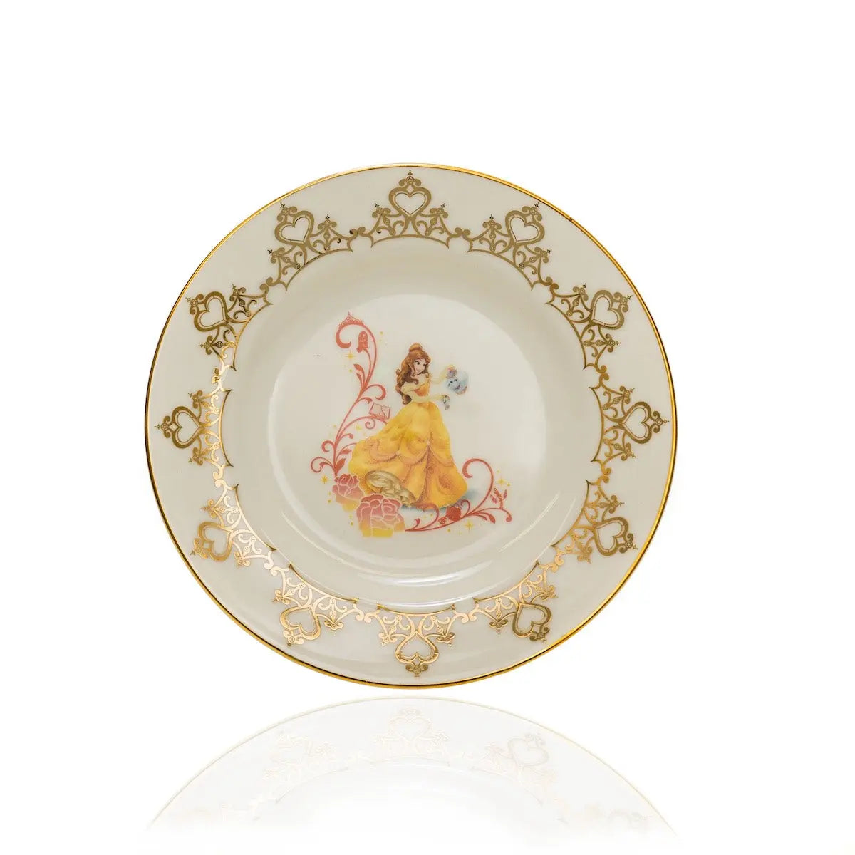 Fine bone china decorative plate with gold filigree rim and seated figure illustration