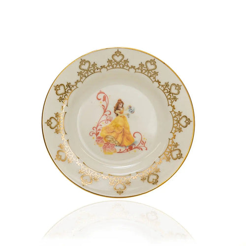 Fine bone china decorative plate with gold filigree rim and seated figure illustration
