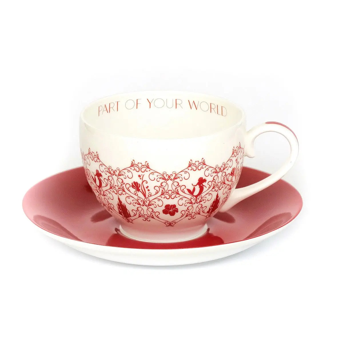 Fine bone china teacup and saucer, white with red ornate scroll pattern and gold rim