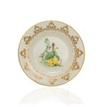 Fine bone china dessert plate with gold filigree border and green lady motif