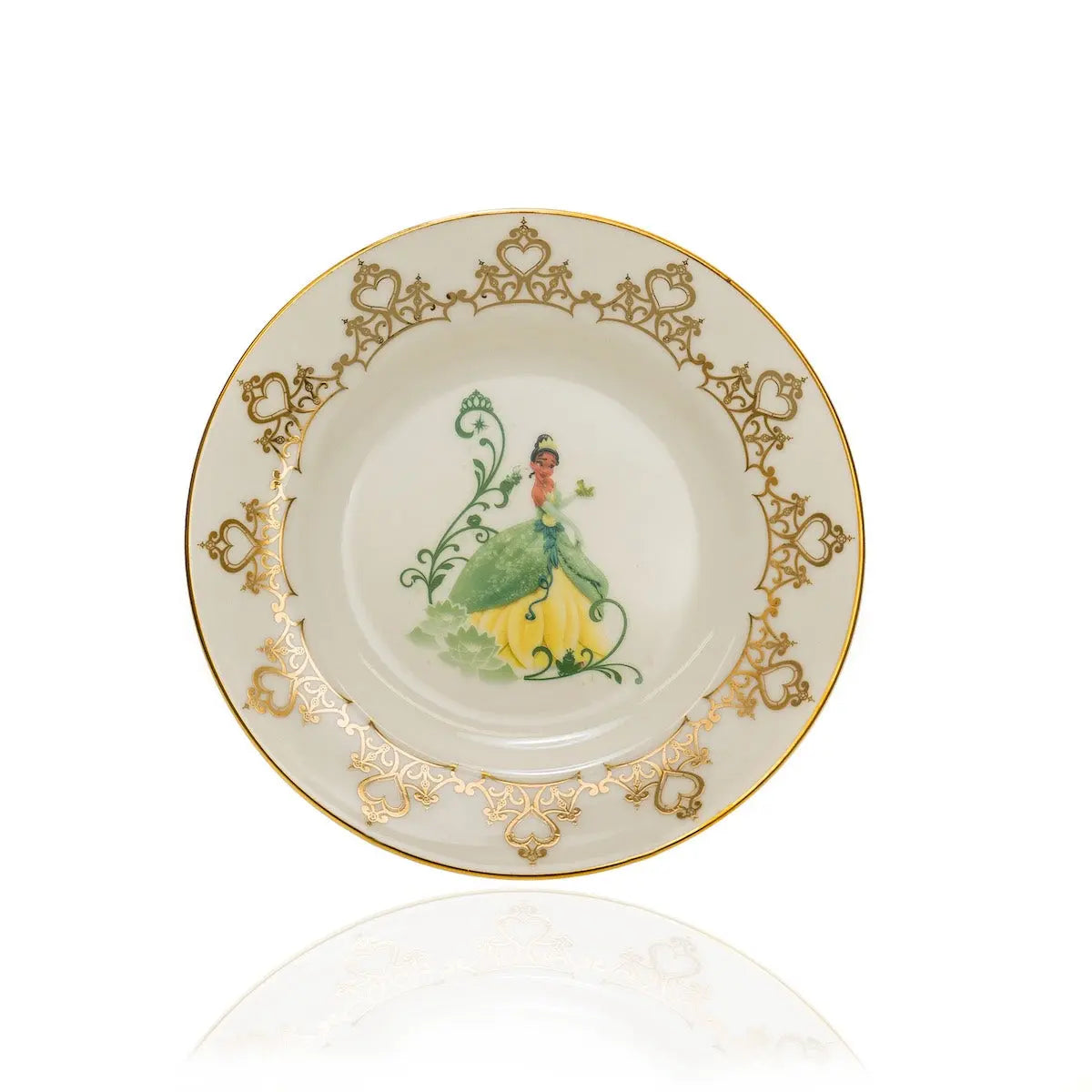 Fine bone china dessert plate with gold filigree border and green lady motif