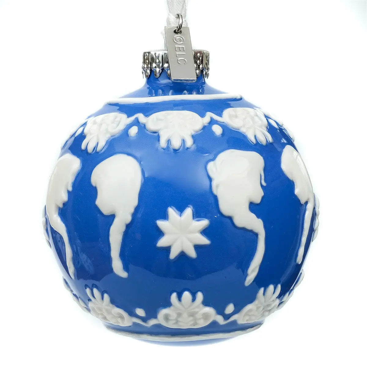 Blue and white bone china ornament ball with seahorse silhouettes and star accents