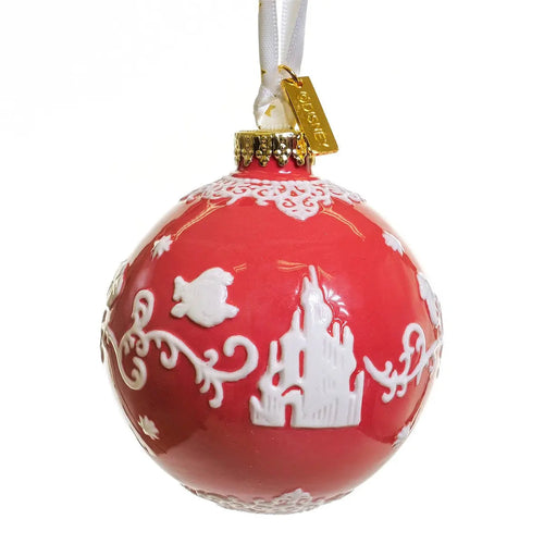 Red and white fine bone china ornament with white castle scene and scrollwork