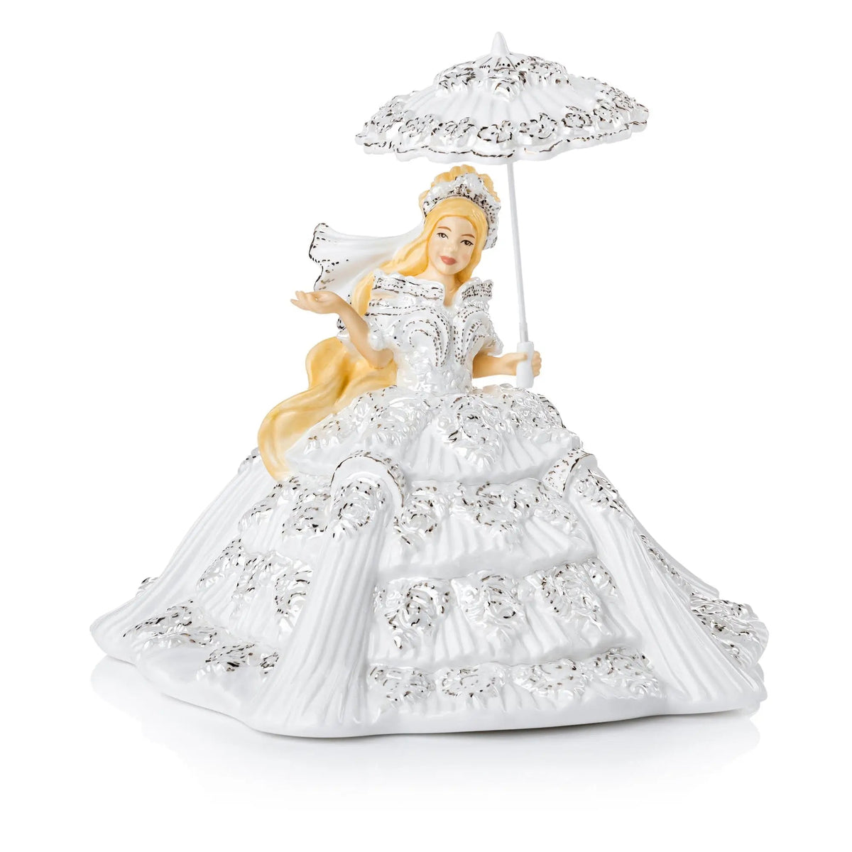 White fine bone china princess figurine with silver dress and parasol