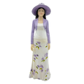 Porcelain lady figurine in white dress with purple jacket, floral details, wide-brim hat