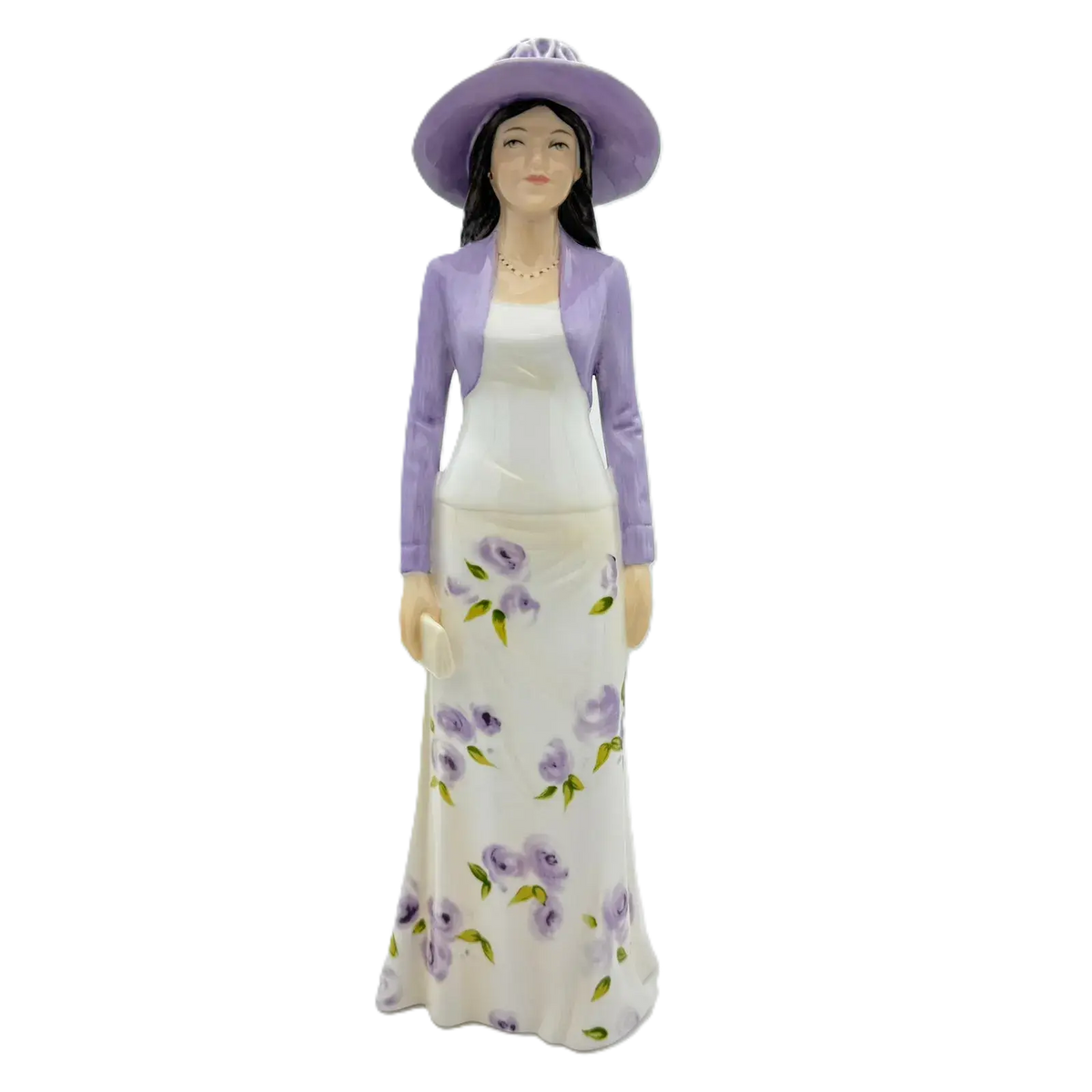 Porcelain lady figurine in white dress with purple jacket, floral details, wide-brim hat