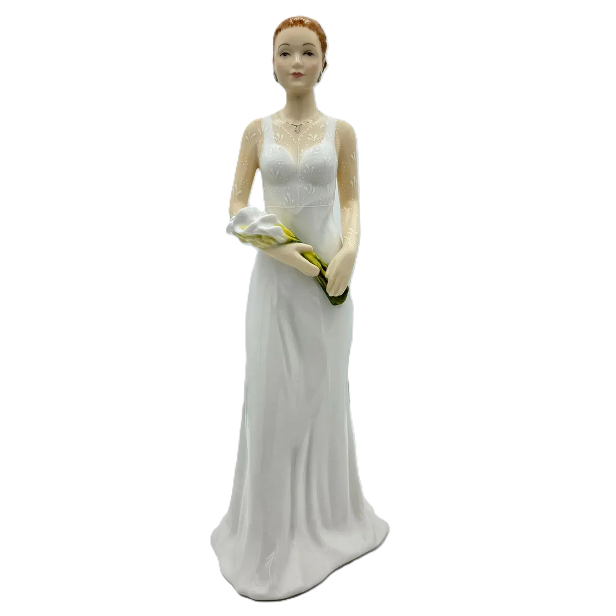 Porcelain lady figurine in white gown holding yellow and green flowers