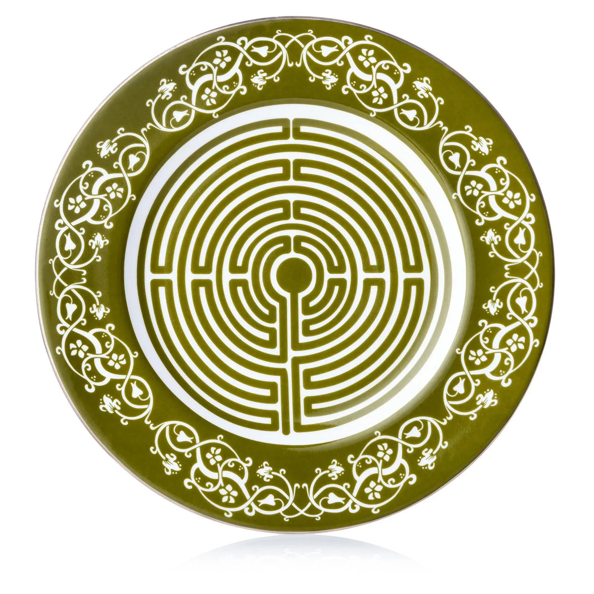 Olive green fine bone china plate with white labyrinth maze and ornate border