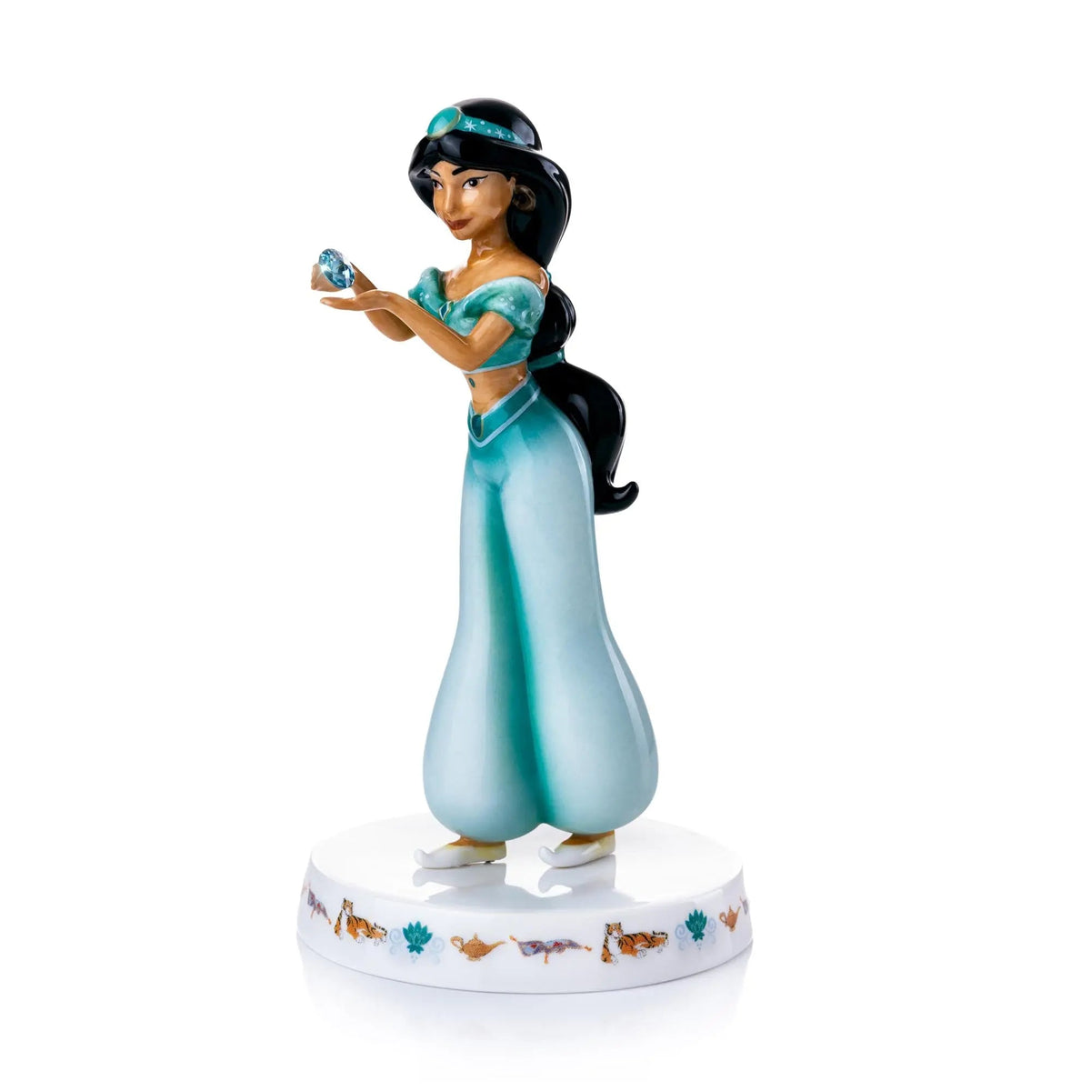 Aquamarine fine bone china girl figurine in teal dress holding blue crystal