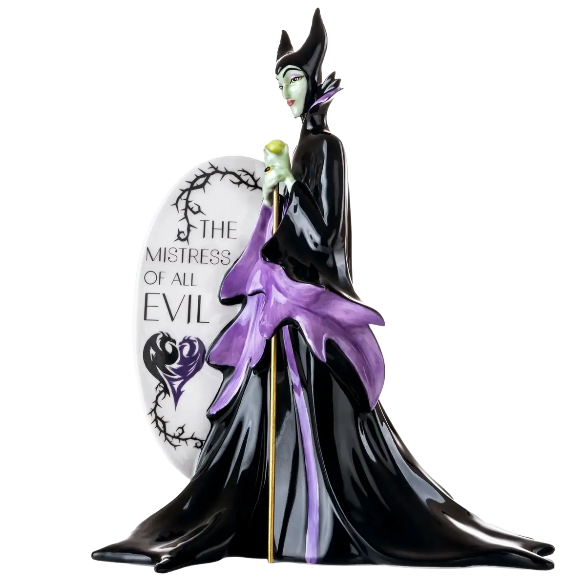 Flatback fine bone china Maleficent figurine, black and purple gown with horned headpiece