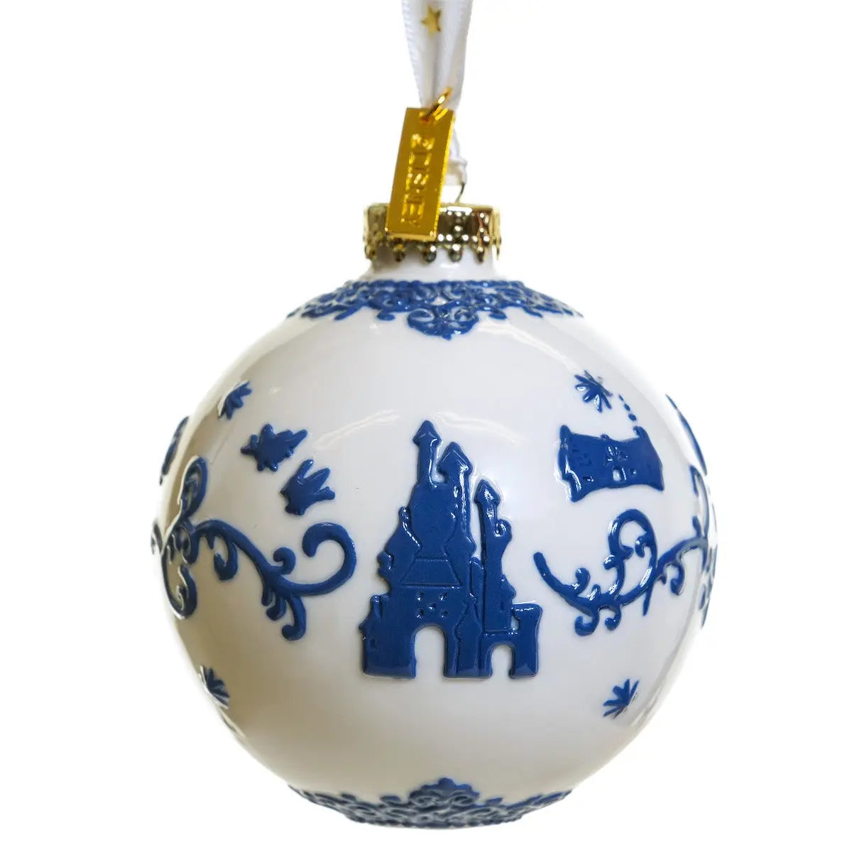 Blue and white fine bone china ornament ball with castle motif and gold hanging loop