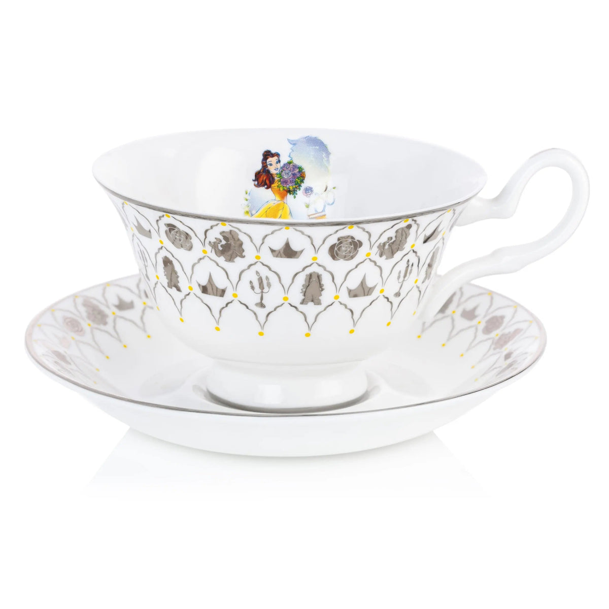 Fine bone china tea cup with saucer, white porcelain with gold trim and woman illustration
