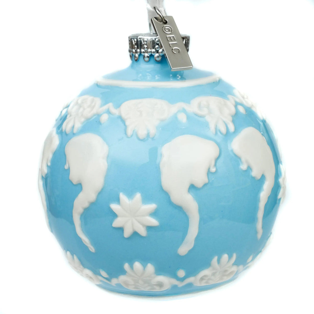 Blue and white ceramic globe ornament bauble with hanging loop and world motifs