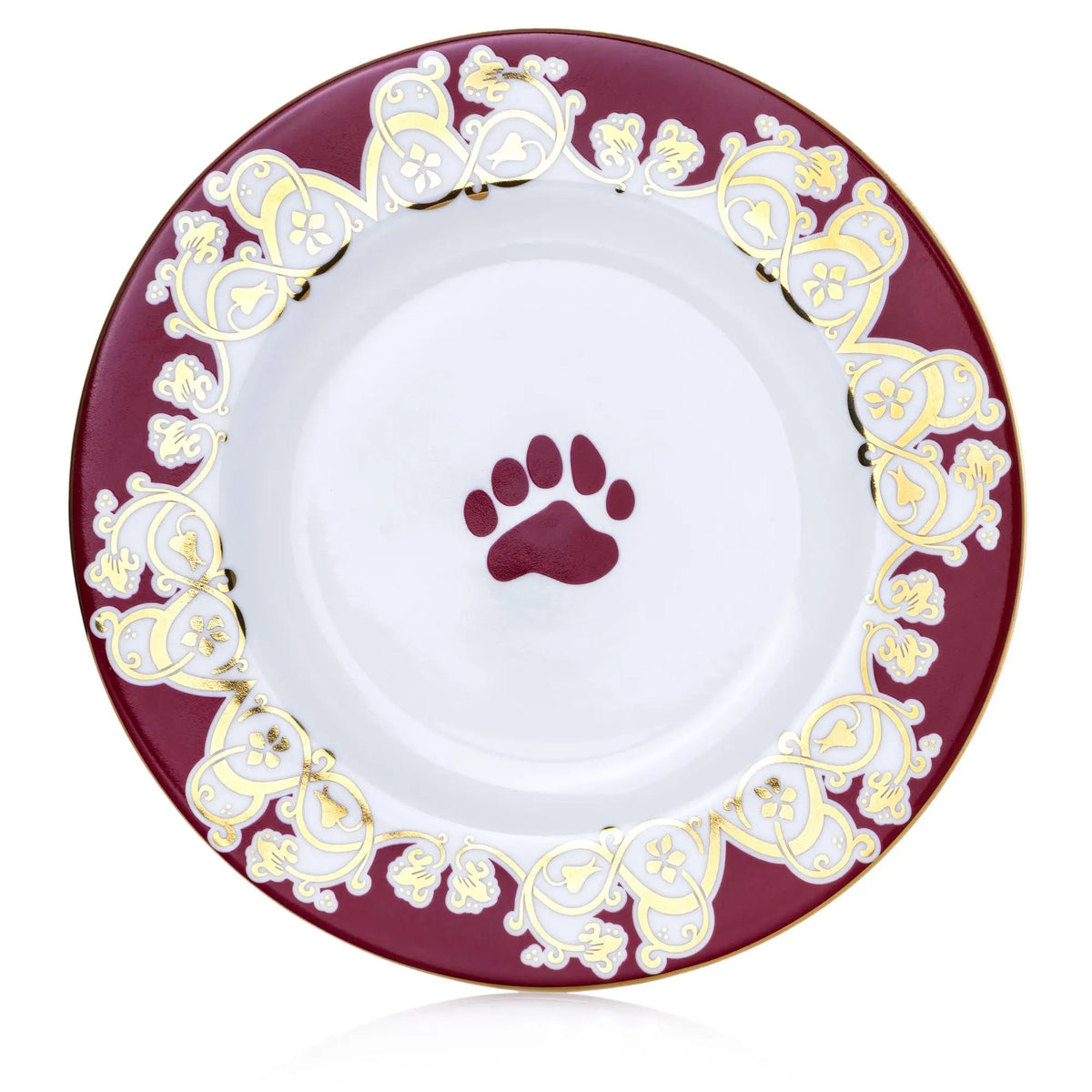 Maroon fine bone china plate with gold filigree border and dark paw print center