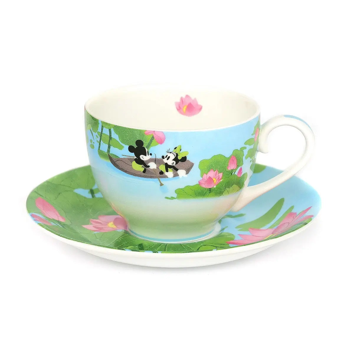 Mickey & Minnie fine bone china cup and saucer, blue with flowers and character silhouettes
