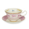 Fine bone china cup and saucer set, pink horse motif and gold trim