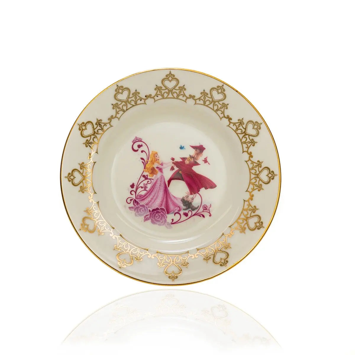 Fine bone china dessert plate with gold rim filigree and pink/red princess artwork