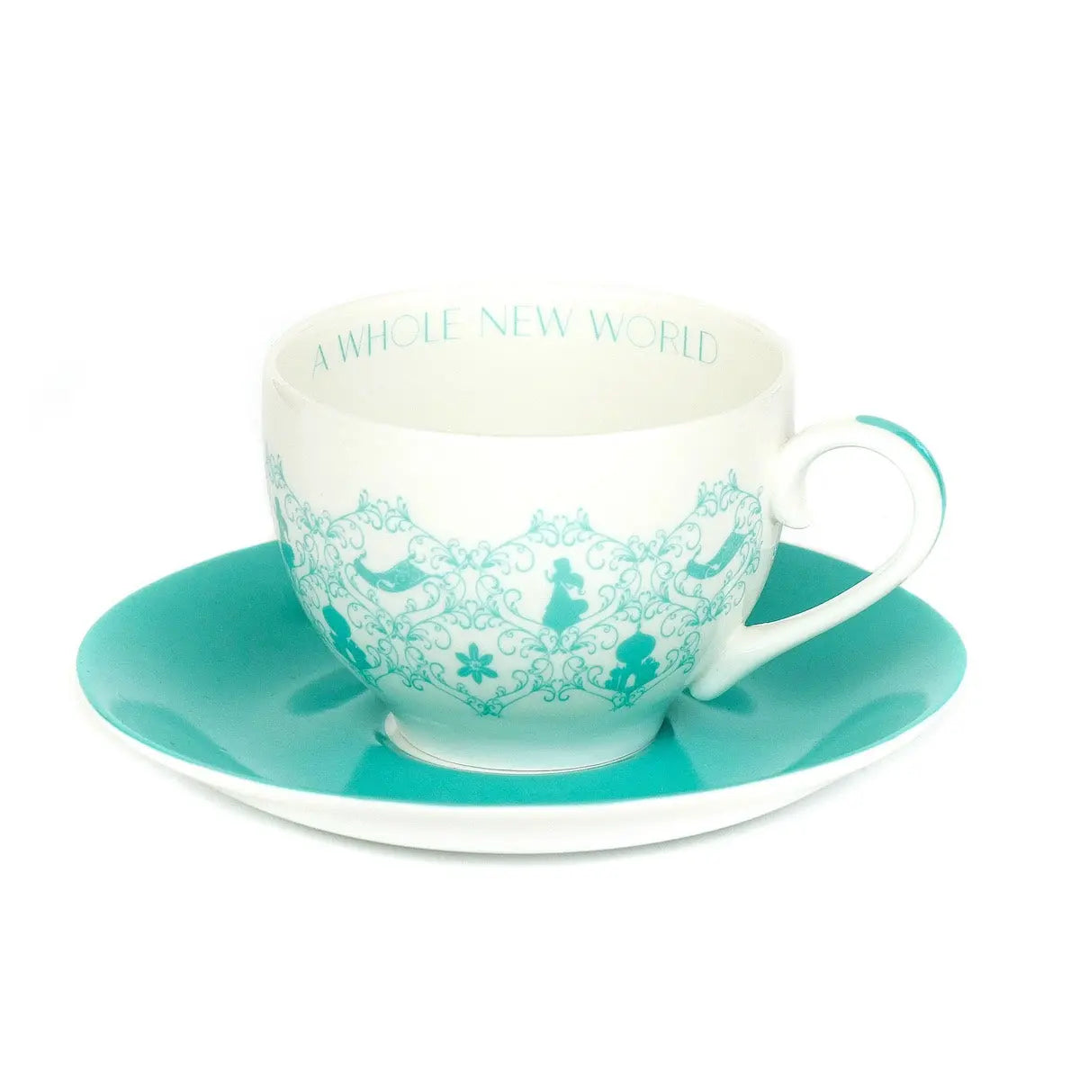 Fine bone china tea cup and saucer with turquoise scroll pattern
