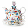 Alice-themed teapot with character finial and matching cup on saucer, fine bone china