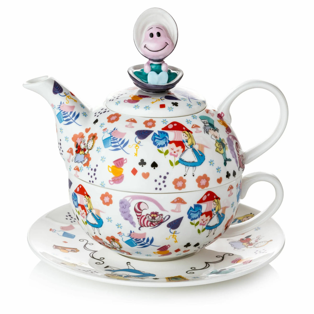 Alice-themed teapot with character finial and matching cup on saucer, fine bone china
