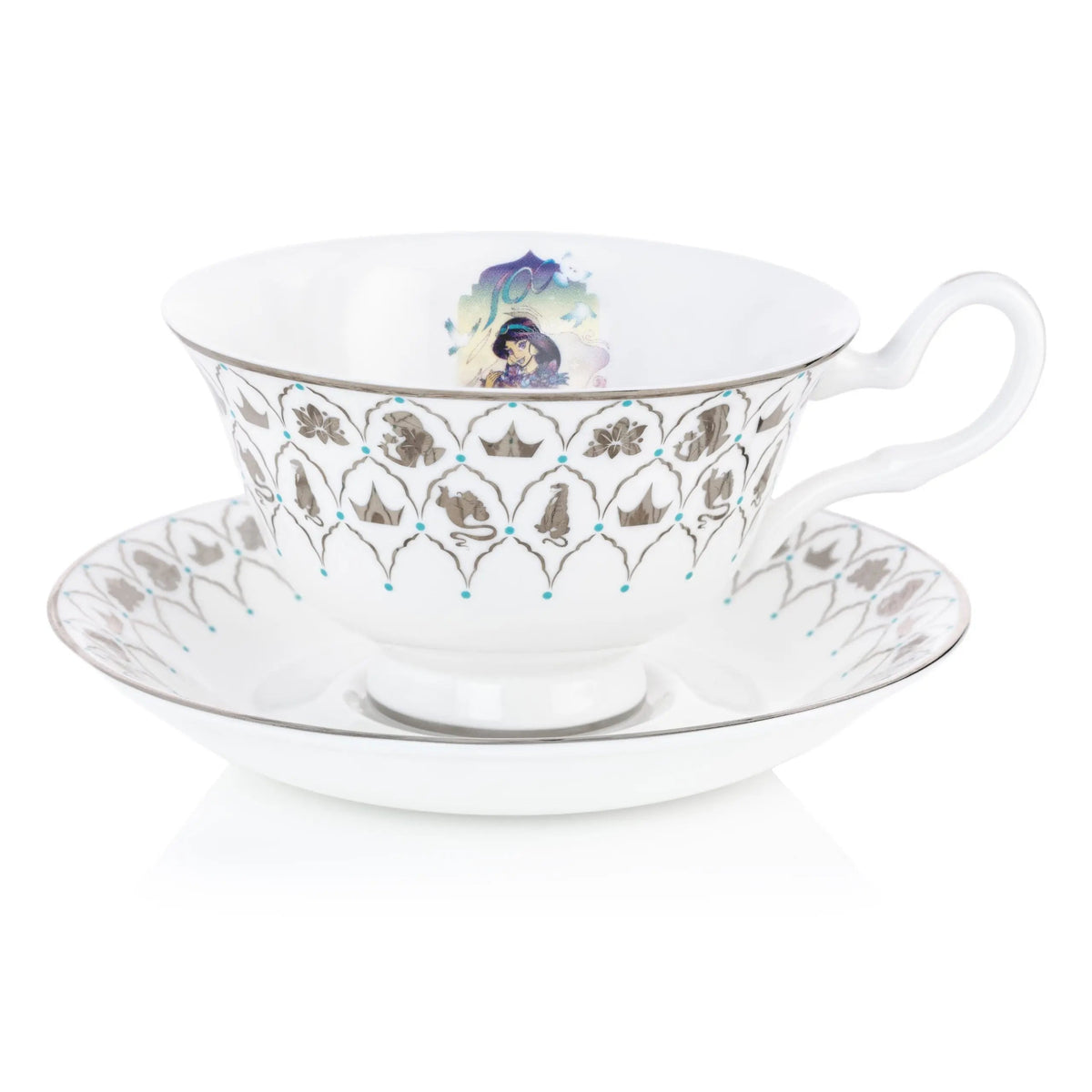 Fine bone china teacup and saucer set, white with blue floral band and character medallion