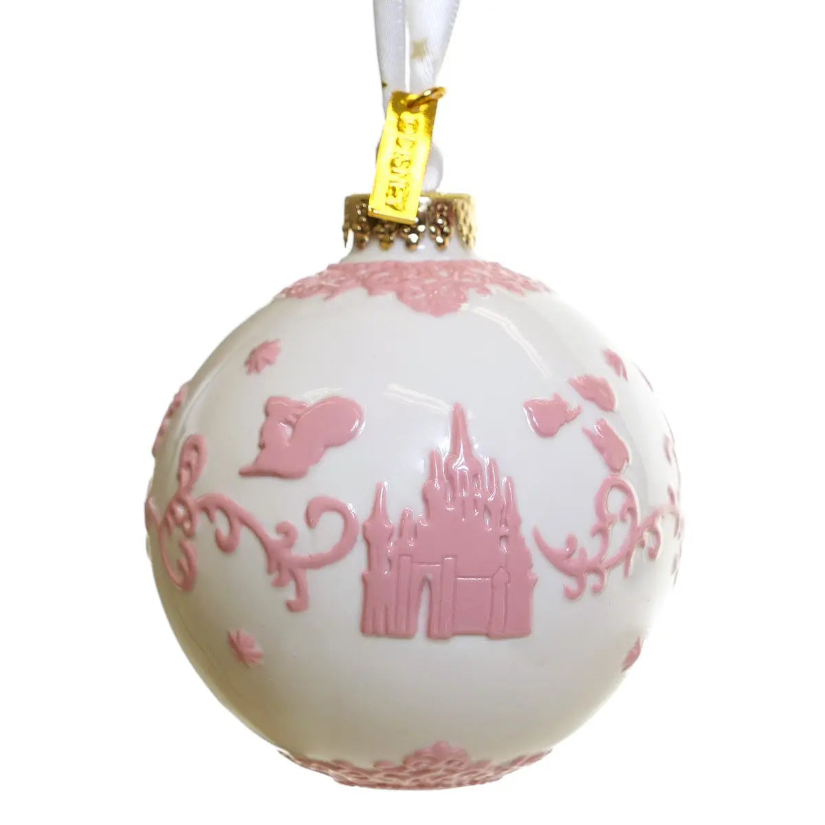Pink and white fine bone china Christmas ornament with castle scene and gold cap