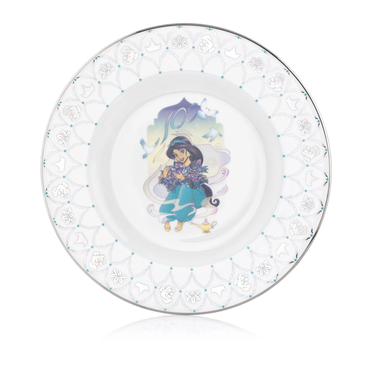 Fine bone china plate with Jasmine character art and floral geometric border
