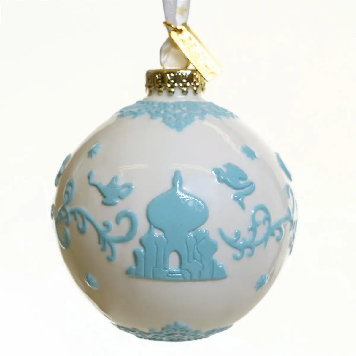 Blue and white fine bone china ornament ball with gold cap, rabbit and scroll design