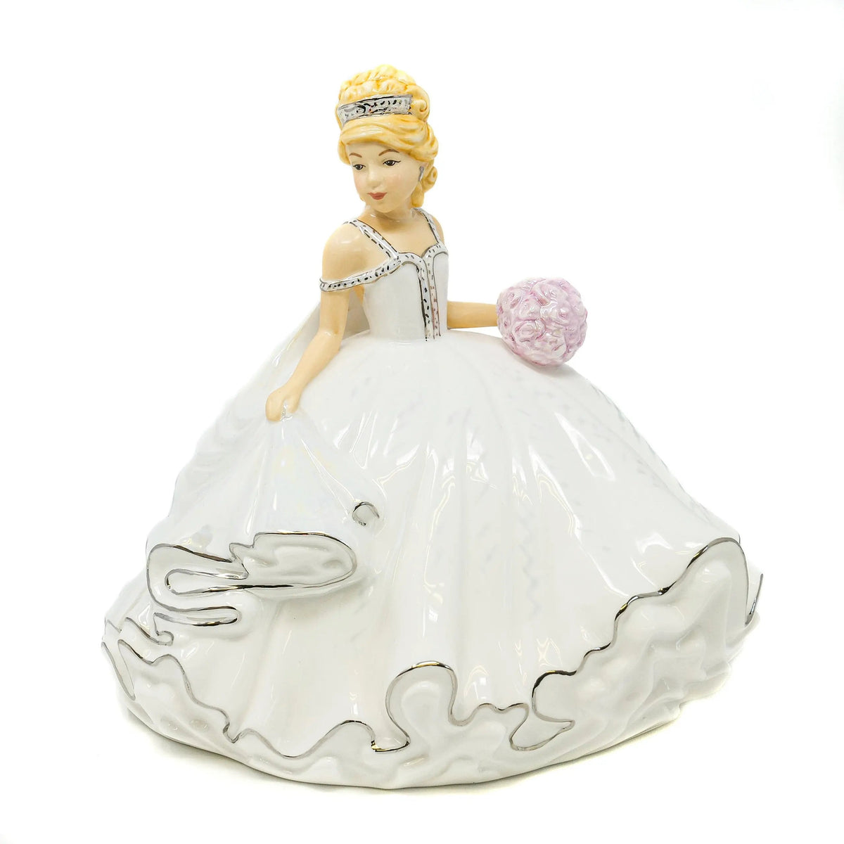 Mini bride porcelain figurine in white gown with pink bouquet, blonde headpiece