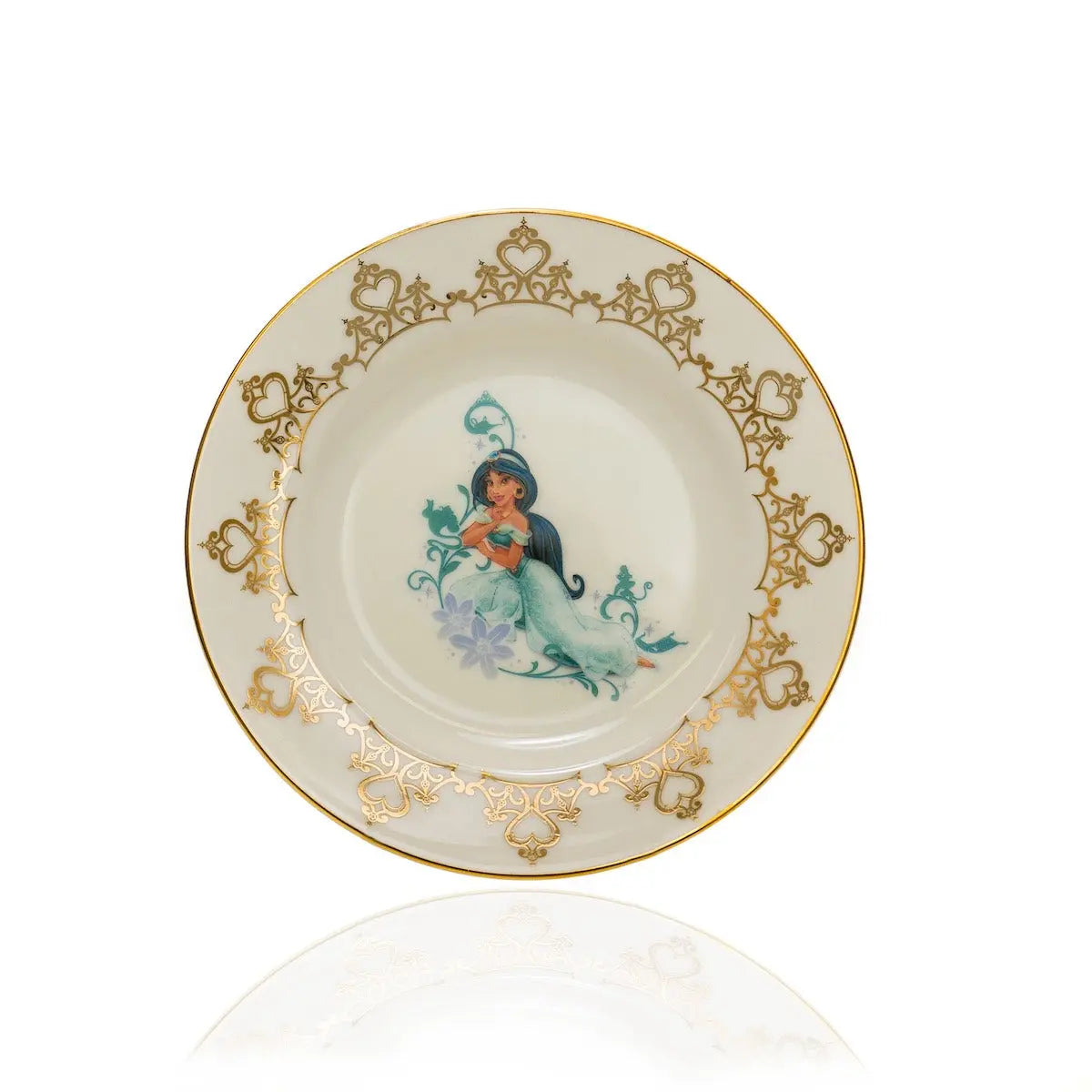 Decorative porcelain plate with gold floral rim and teal mermaid center