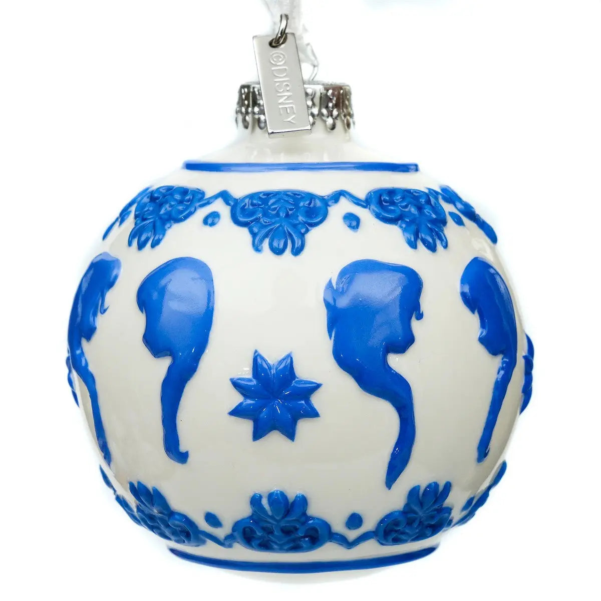 Blue-and-white fine bone china ornament ball with animal silhouettes, star accent, hanging hook.