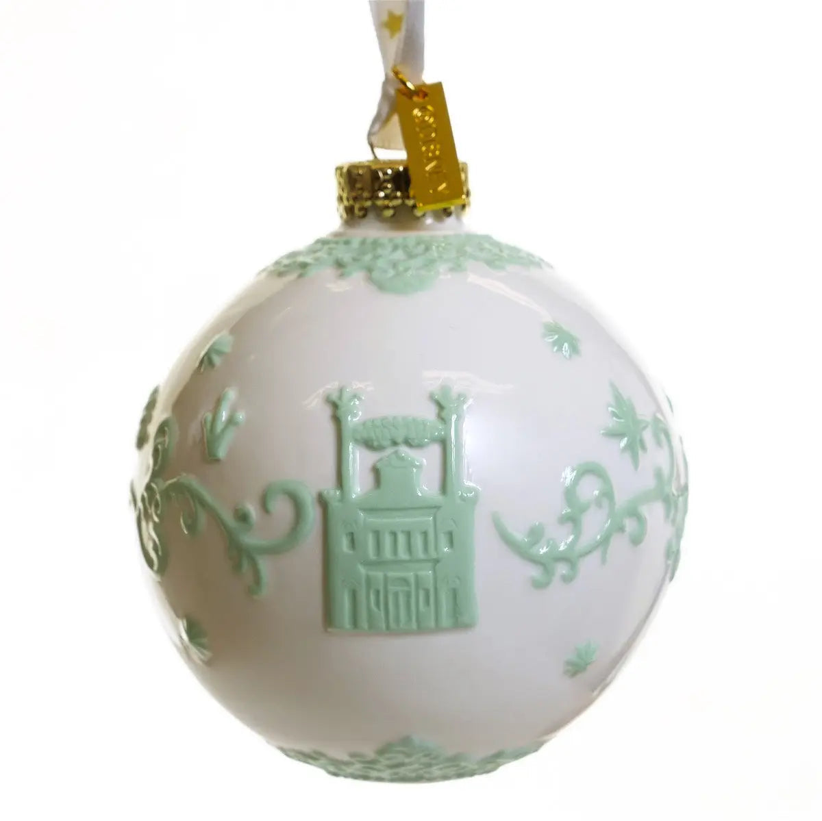 Fine bone china Christmas ornament ball with mint house design and gold cap