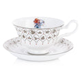 Fine bone china cup and saucer set, white with mermaid and floral pattern border