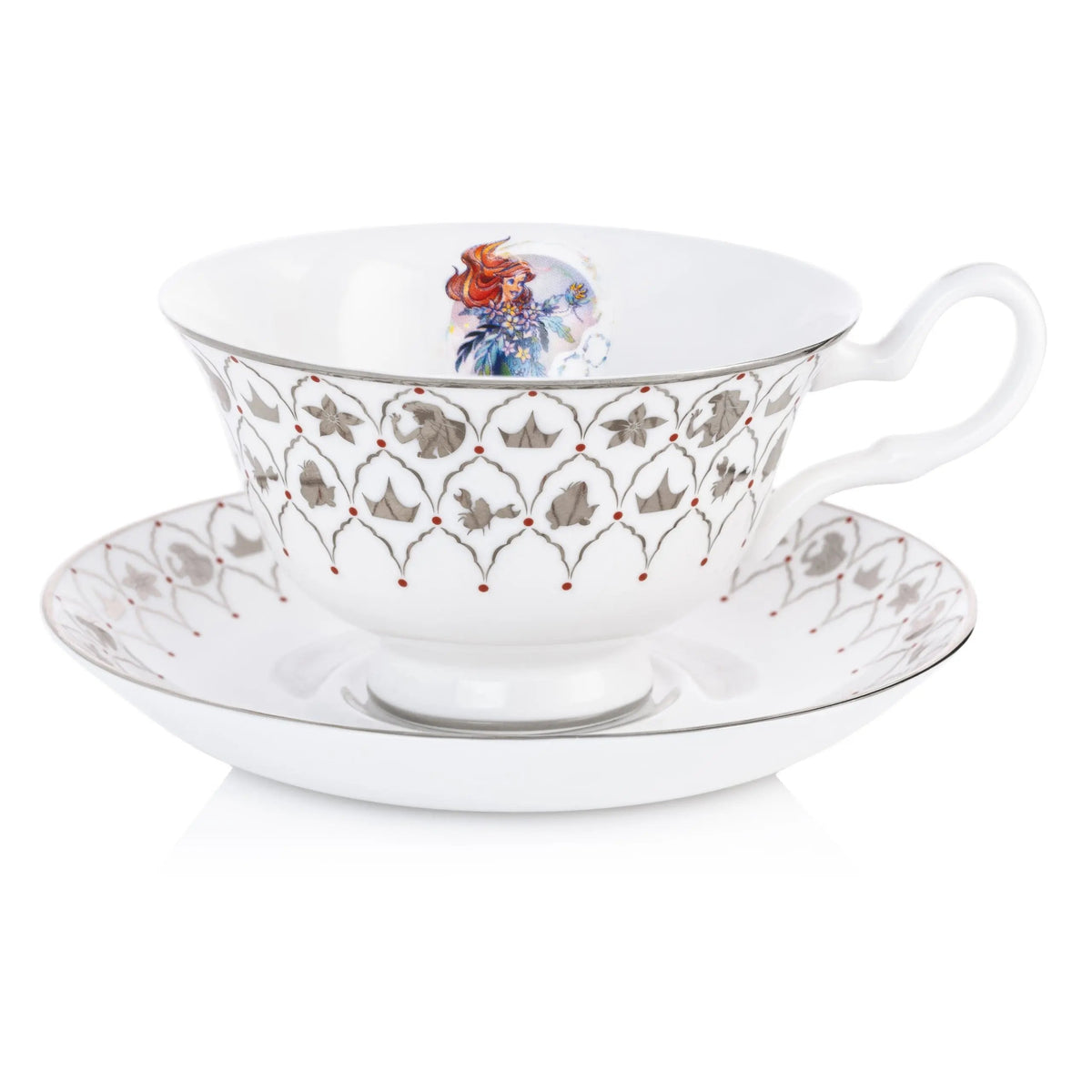 Fine bone china cup and saucer set, white with mermaid and floral pattern border