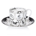 White fine bone china cup with black Mickey/Minnie floral print and 100 Years Wonder
