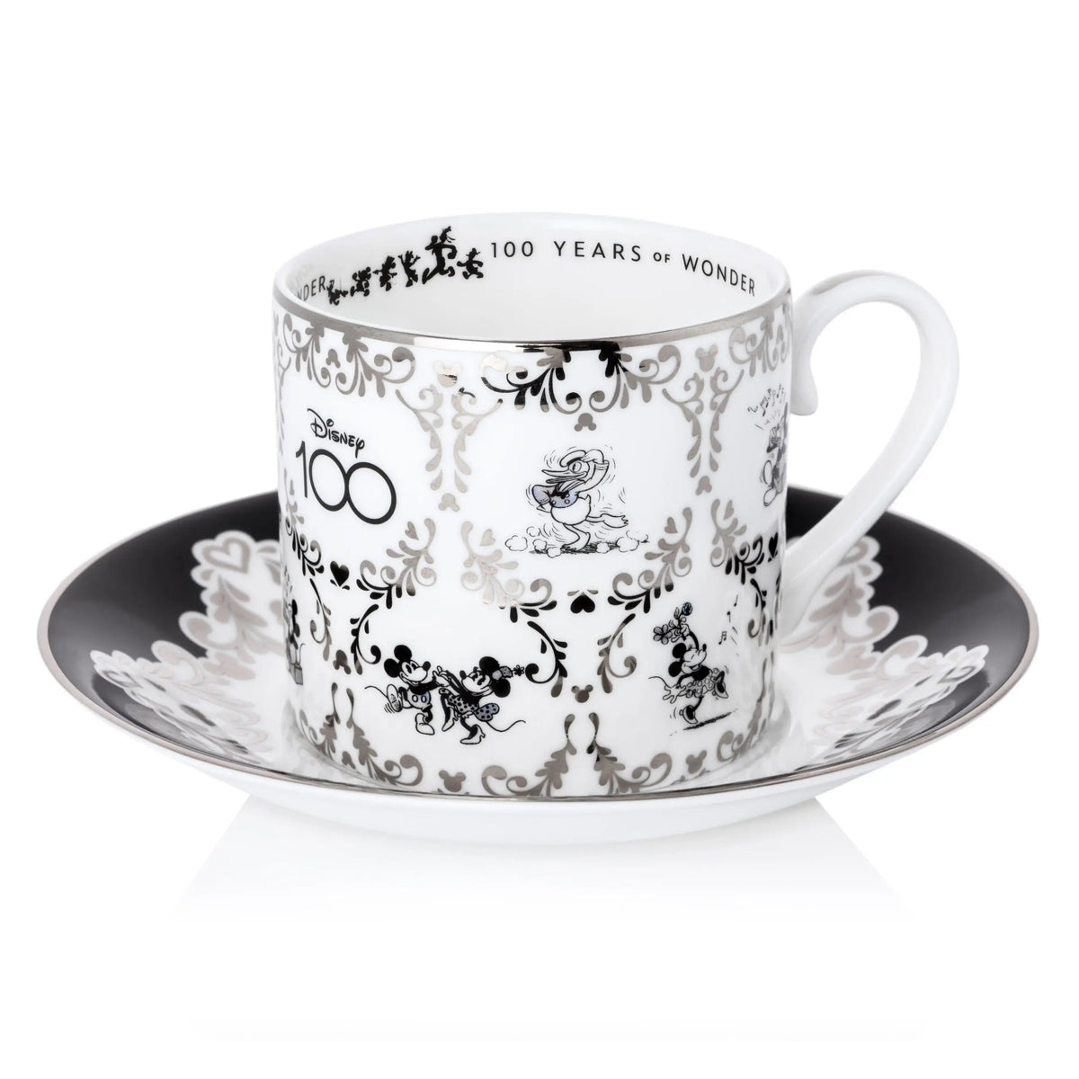 White fine bone china cup with black Mickey/Minnie floral print and 100 Years Wonder