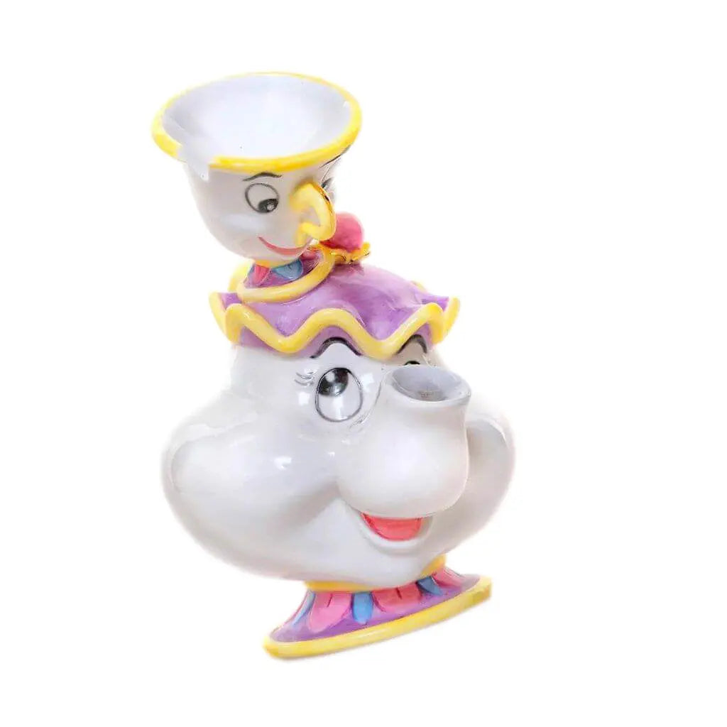 Mrs Potts fine bone china teapot with Chip cup topper, white with purple and yellow trim