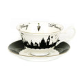 Fine bone china teacup and saucer set with black skyline and umbrella details