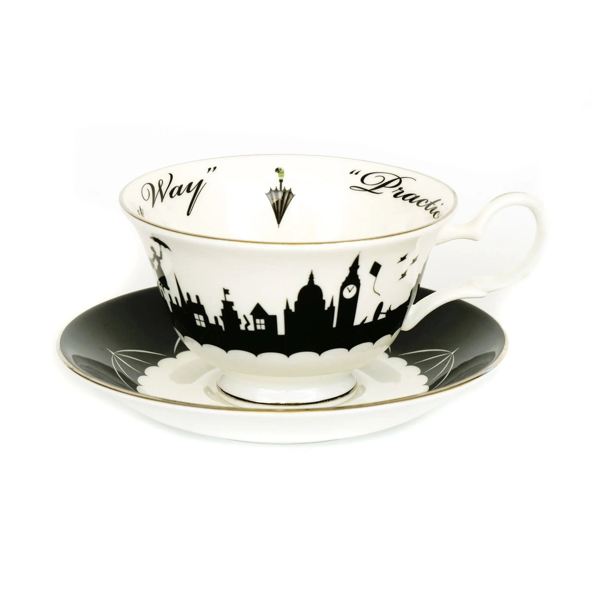 Fine bone china teacup and saucer set with black skyline and umbrella details