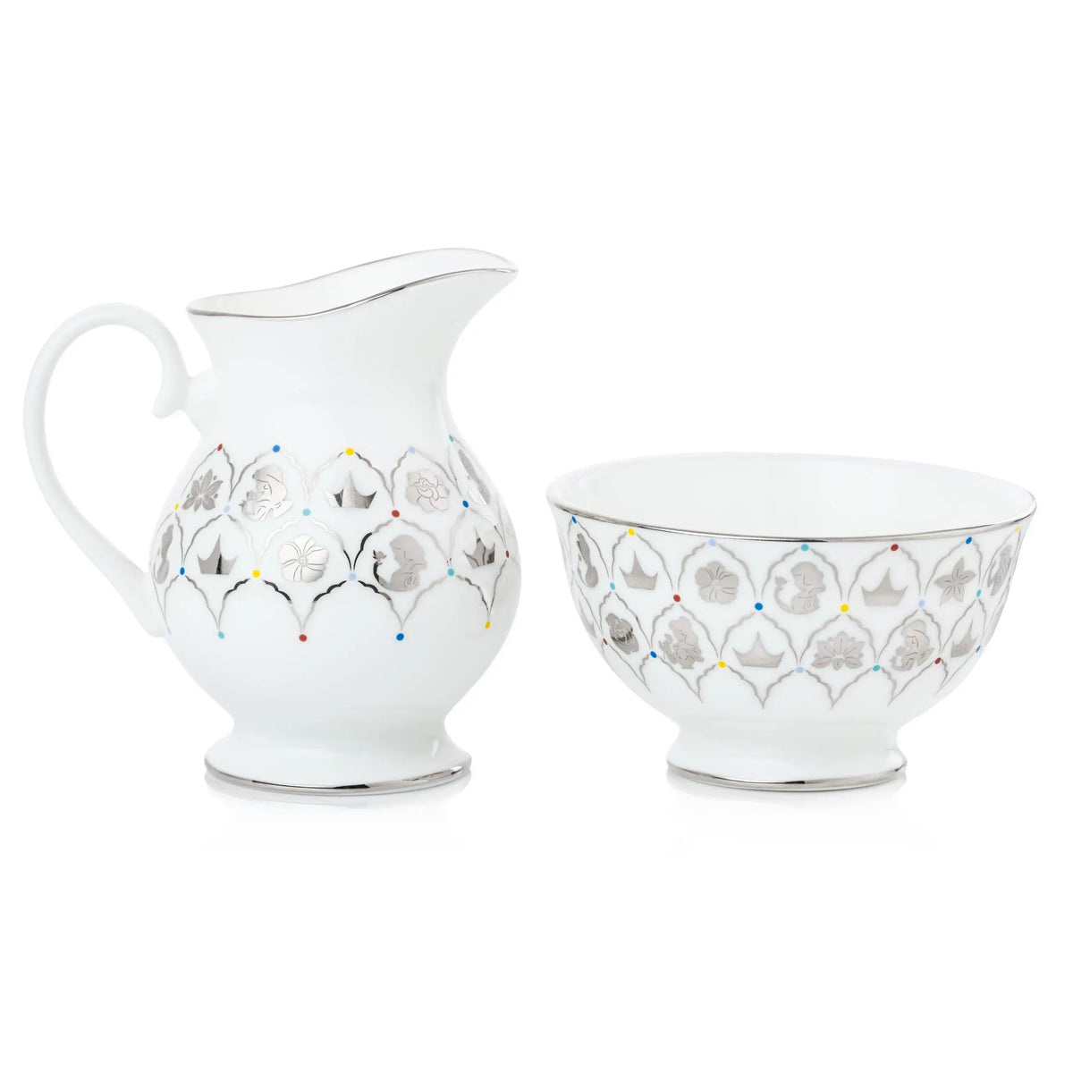 Fine bone china cream and sugar set with white creamer jug and sugar bowl, floral garland