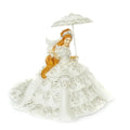 White fine bone china princess figurine in ornate lace dress, holding a parasol