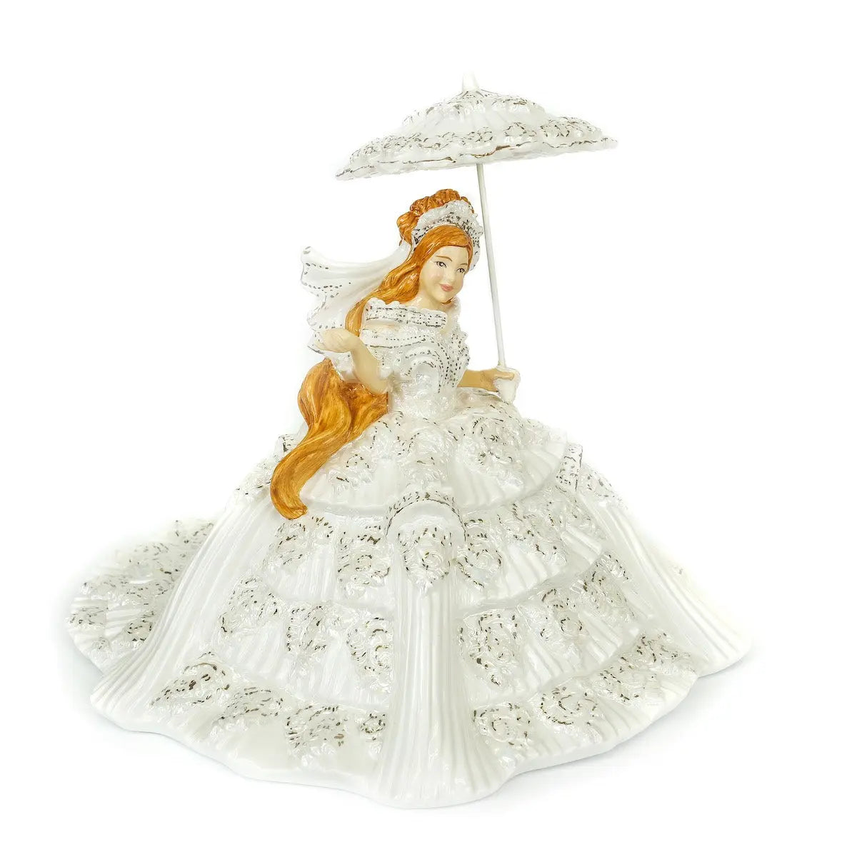 White fine bone china princess figurine in ornate lace dress, holding a parasol