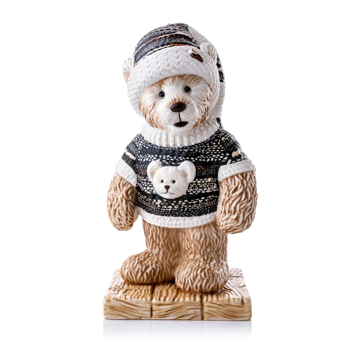 Fine bone china Christmas jumper bear figurine in black and cream knit outfit