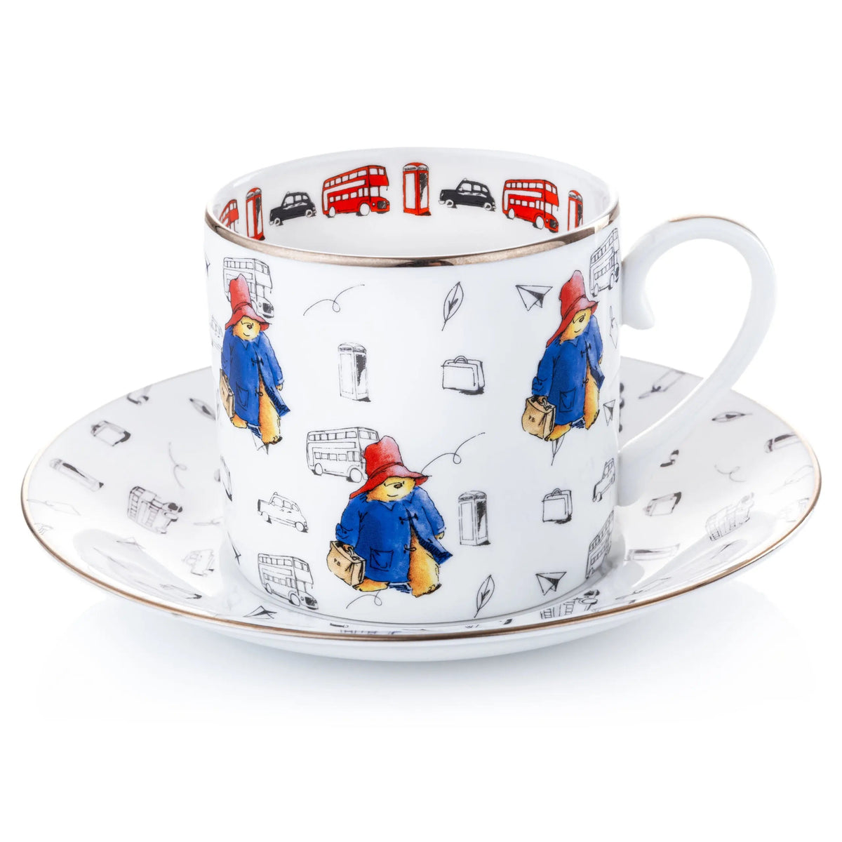 Fine bone china cup and saucer set, white with colorful Paddington-style bear and London icons