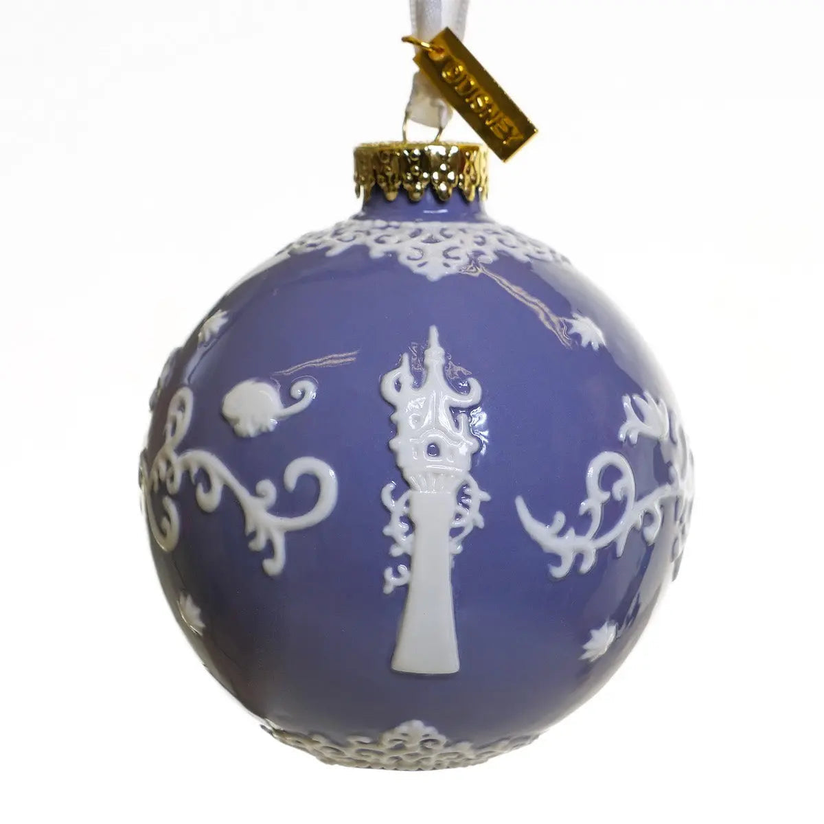 Blue and white fine bone china Christmas bauble ornament with fairy-tale castle design
