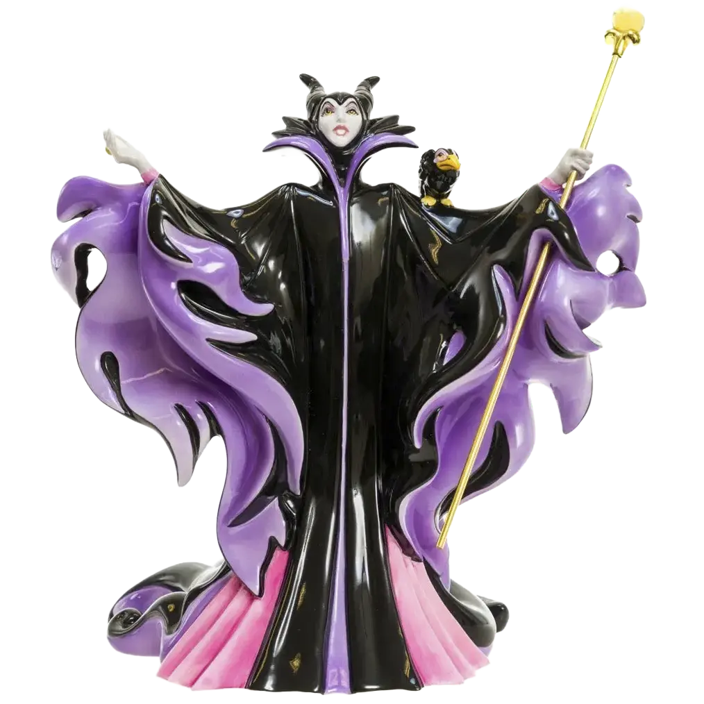 Maleficent fine bone china figurine with black and purple wings, horns, and gold wand