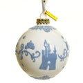 White and blue bone china ornament ball with castle and swirling star motifs