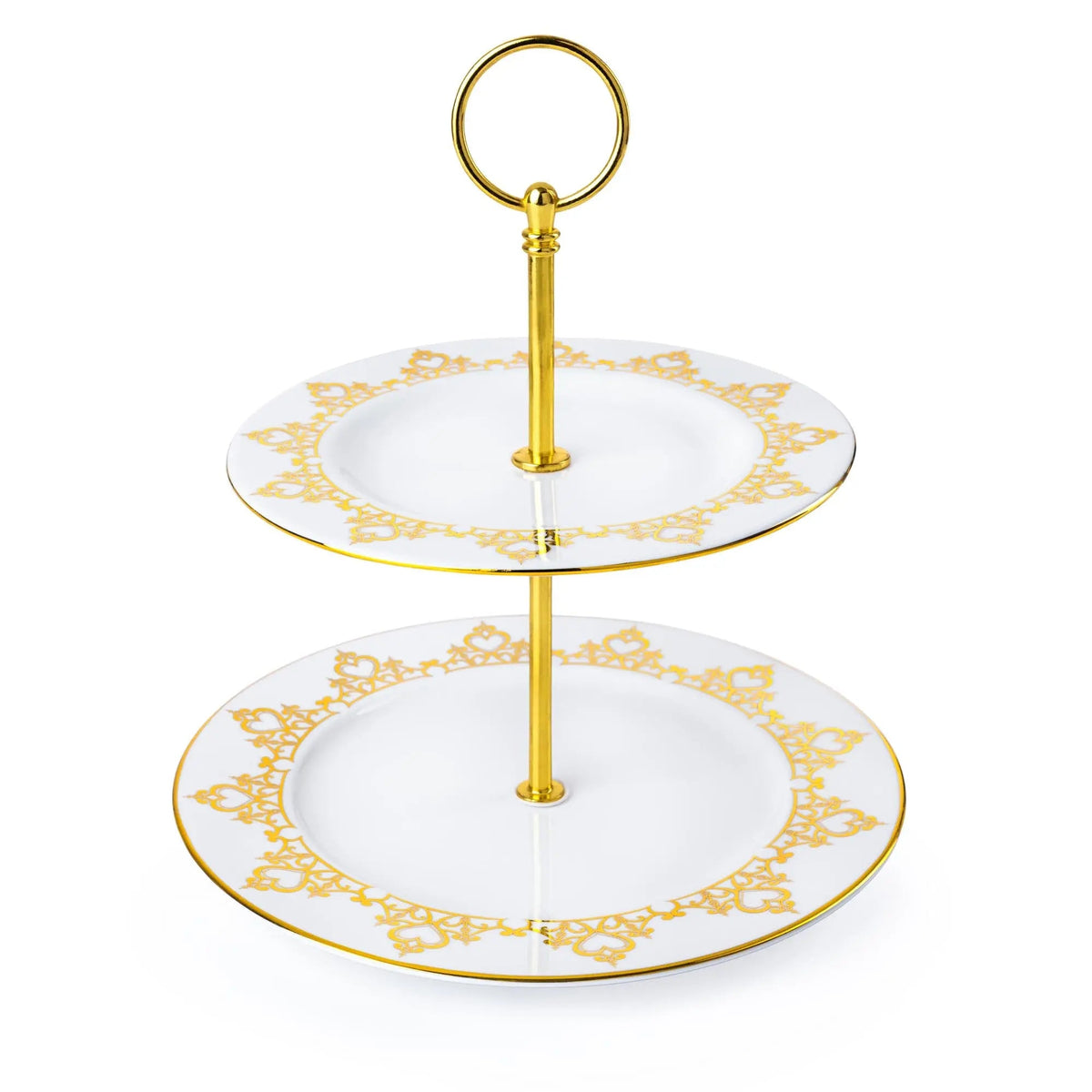 Two-tier white fine bone china plate stand with gold filigree and central gold stem