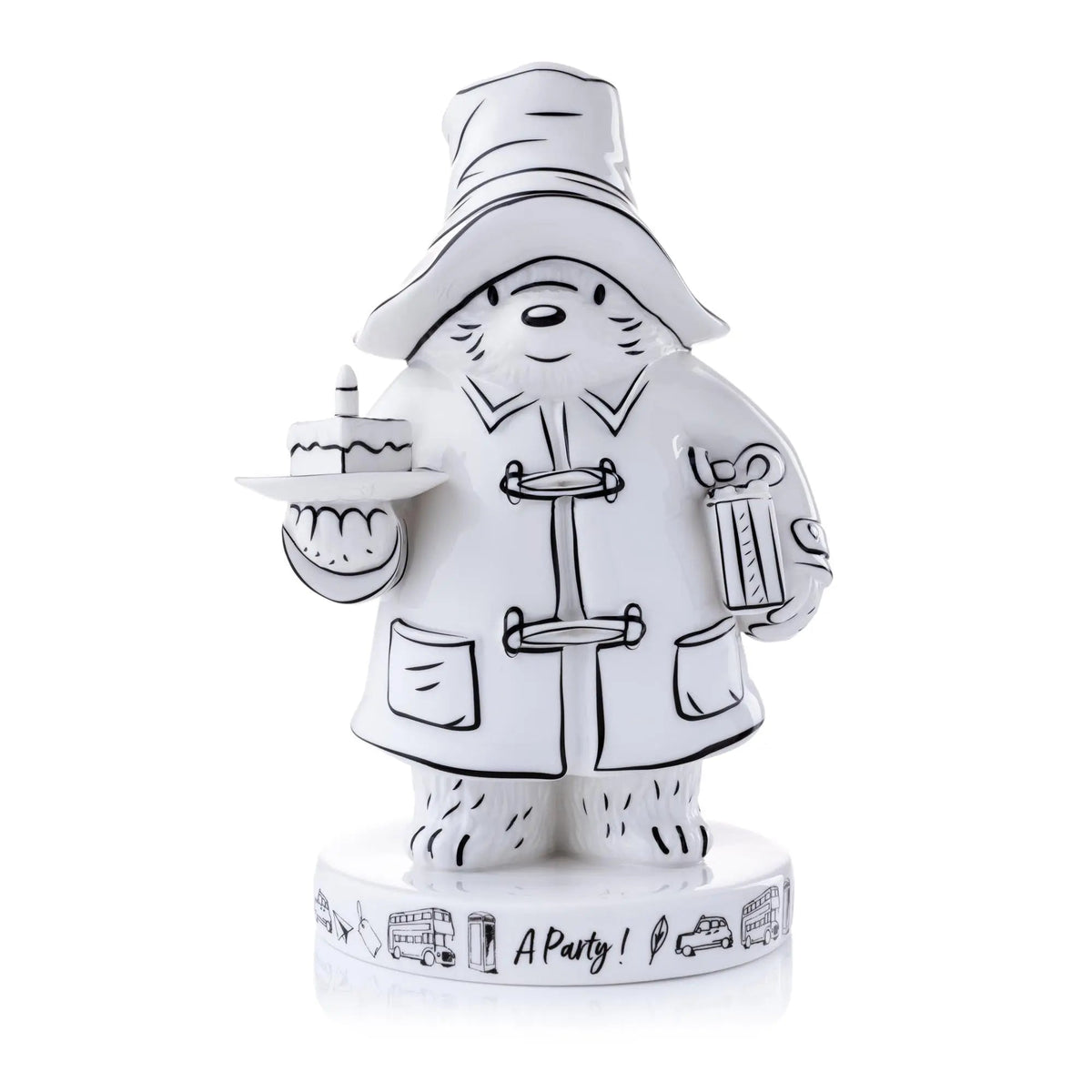 Fine bone china Paddington figurine in sketch-style black lines, white with party base